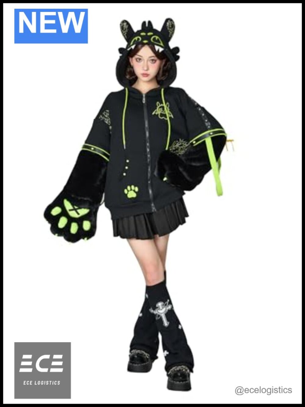 Micotaku Women's Paw Hoodie Dragon Zip Up with Detachable Furry Gloves